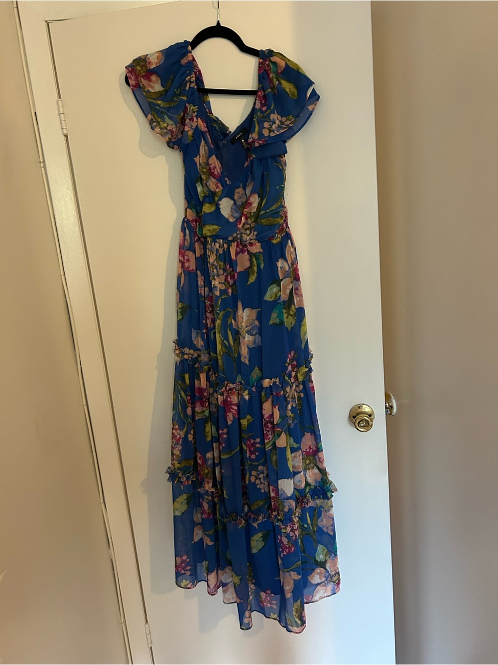 Blue Floral Maxi Dress with Ruffle Sleeves